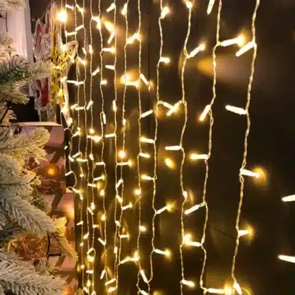 Connectable indoor LED curtain lights 3m drop warm white close up