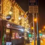 Connectable LED curtain lights 3m drop warm white on Kennedy's Pub Building