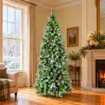 10ft frosted hook on artificial Christmas tree in living room