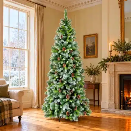 10ft frosted hook on artificial Christmas tree in living room