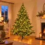 7.5ft pre lit pine green artificial Christmas tree in living room