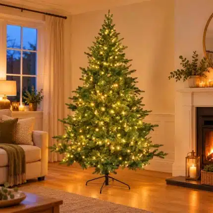 7.5ft pre lit pine green artificial Christmas tree in living room