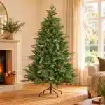7ft artificial unlit Christmas tree with pine cones in living room