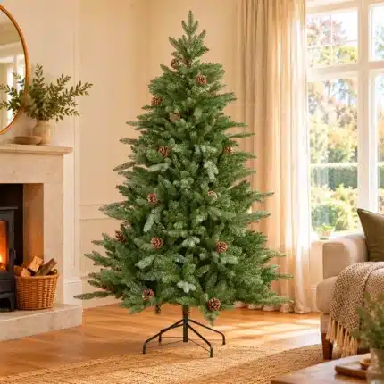 7ft artificial unlit Christmas tree with pine cones in living room
