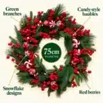 Candy-themed Christmas wreath with mixed baubles, 75cm features