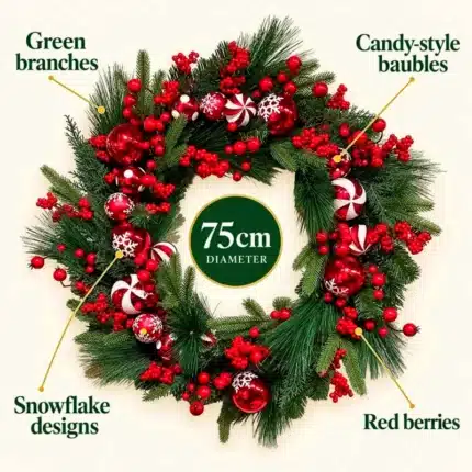 Candy-themed Christmas wreath with mixed baubles, 75cm features