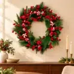 Candy-themed Christmas wreath with mixed baubles 75cm above a dark oak sideboard