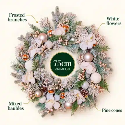 Christmas wreath with mixed white decorations 75cm features