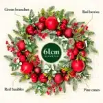 Christmas wreath with red baubles 61cm features