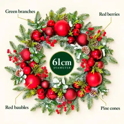 Christmas wreath with red baubles 61cm features