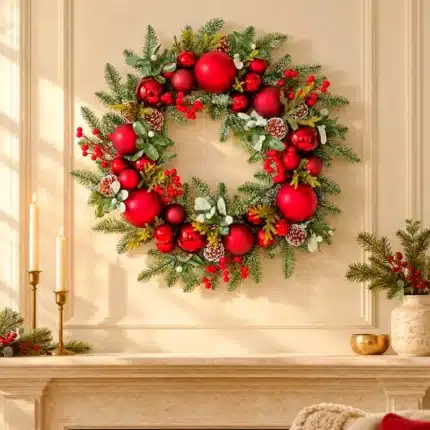 Christmas wreath with red baubles 61cm above a mantel