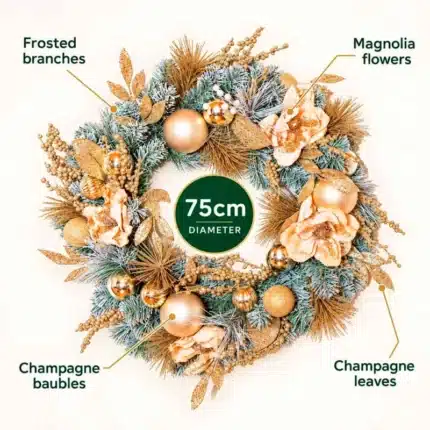 Frosted Christmas wreath with champagne and magnolia decorations 75cm features