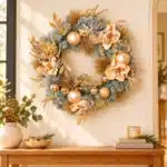 Frosted Christmas wreath with champagne and magnolia decorations 75cm above oak console
