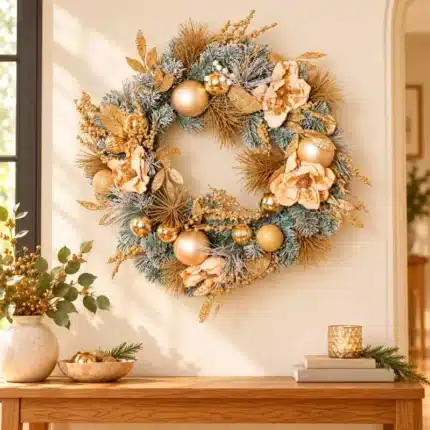 Frosted Christmas wreath with champagne and magnolia decorations 75cm above oak console