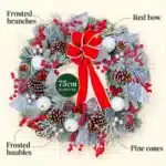 Frosted Christmas wreath with red and white decorations 75cm features