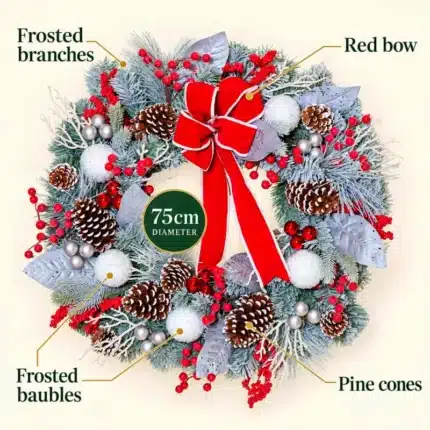 Frosted Christmas wreath with red and white decorations 75cm features