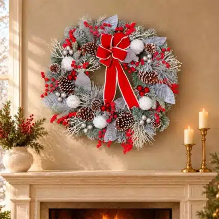 Frosted Christmas wreath with red and white decorations 75cm above an ivory mantel