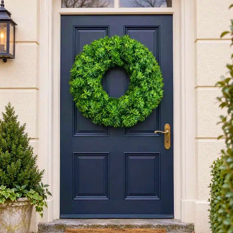 Plain-evergreen-Christmas-wreat-75cm-on-outside-navy-door Plain evergreen Christmas wreath 75cm on outside navy door