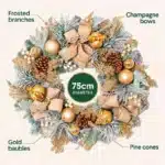 Pre decorated Christmas wreath with frosted foliage 75cm features
