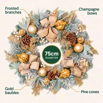 Pre decorated Christmas wreath with frosted foliage 75cm features