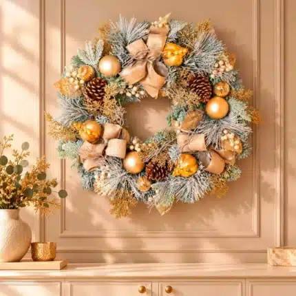 Pre decorated Christmas wreath with frosted foliage 75cm on indoor wall