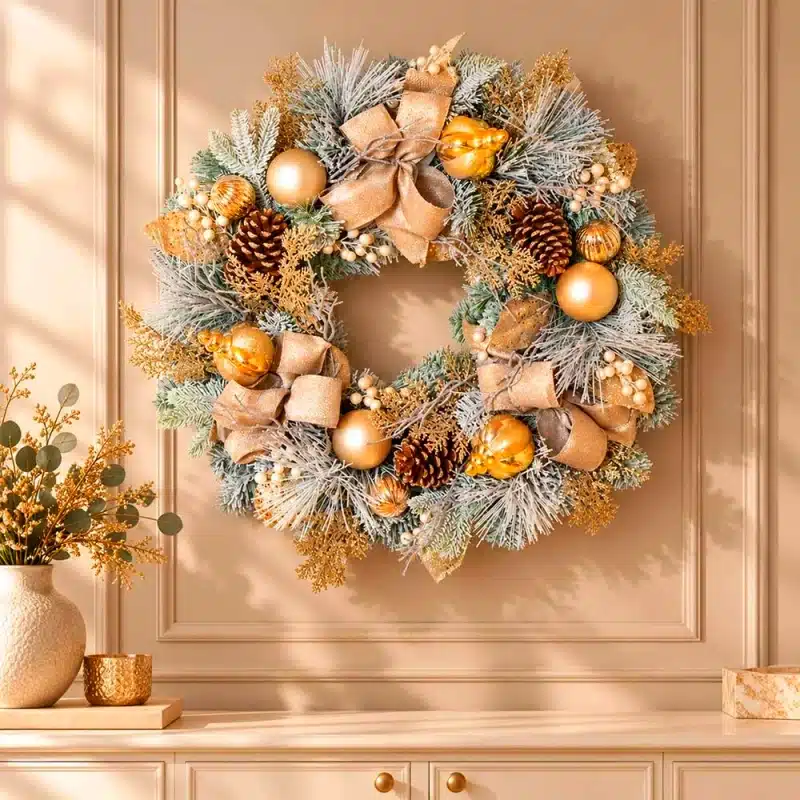 Pre-decorated-Christmas-wreath-with-frosted-foliage-on-indoor-wall Pre decorated Christmas wreath with frosted foliage 75cm on indoor wall