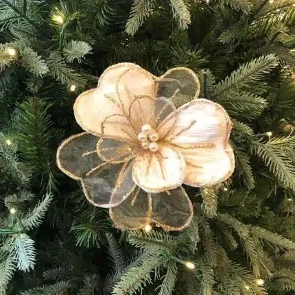 White Magnolia With Gold Glitter Christmas Tree Decoration