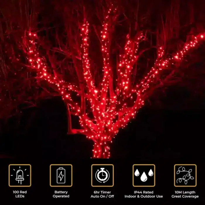 100 LED red battery operated outdoor Christmas lights features