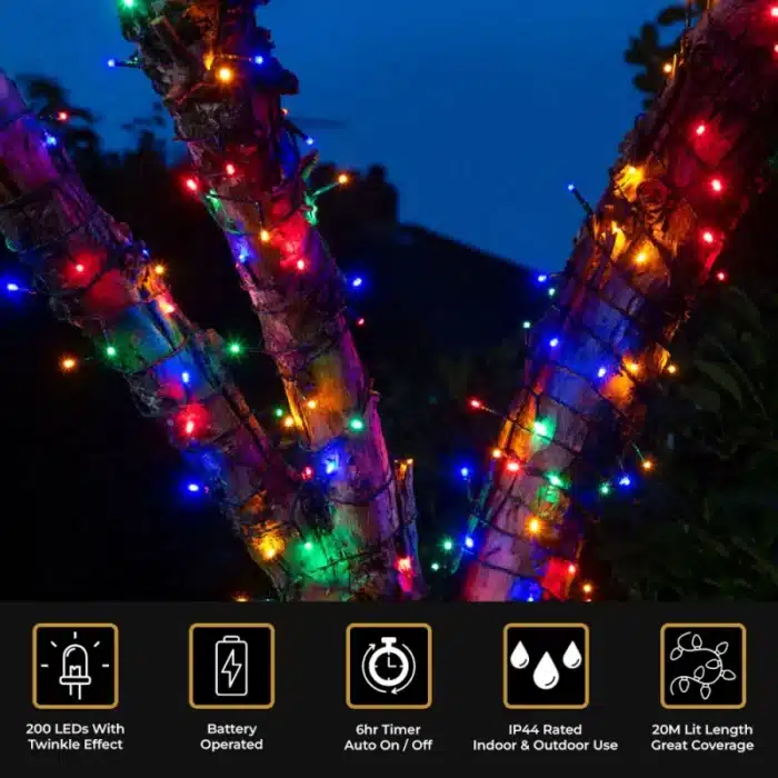200 LED multicolour with twinkle battery operated Christmas lights features