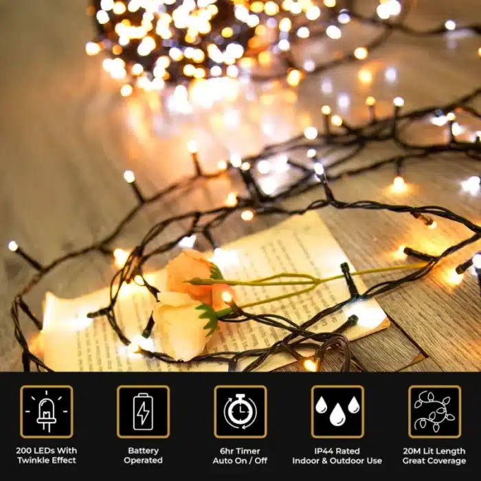 200 LED warm white with ice white flash battery operated Christmas lights features
