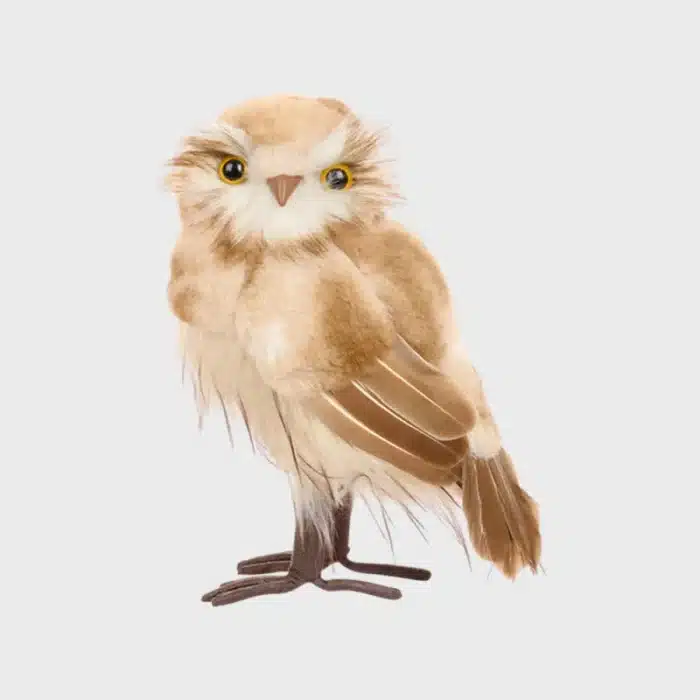 Brown furry owl indoor Christmas decoration with smooth head 27cm tall