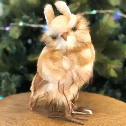 Brown furry owl with pointed ears indoor Christmas decoration 27cm tall front angle