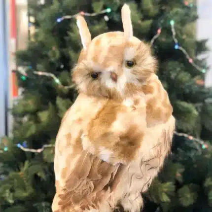 Brown furry owl with pointed ears indoor Christmas decoration 50cm tall close up