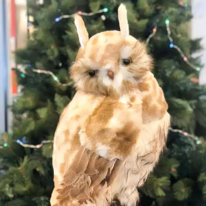 Brown furry owl with pointed ears indoor Christmas decoration 50cm tall close up