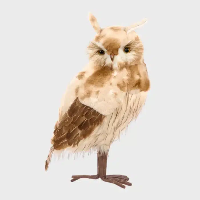 Brown furry owl with pointed ears indoor Christmas decoration 50cm tall product view