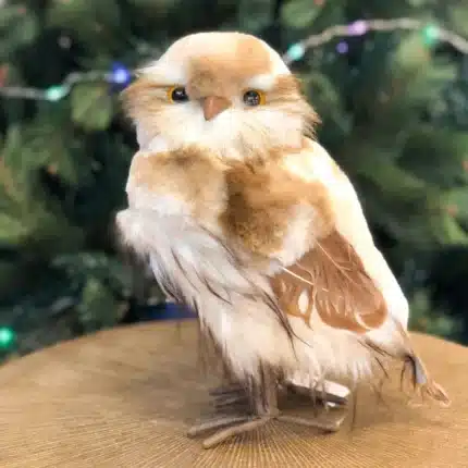Brown furry owl indoor Christmas decoration with smooth head 27cm tall product image