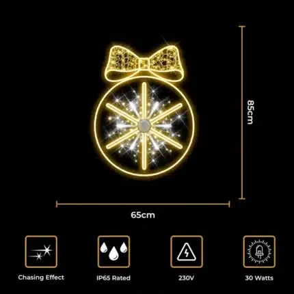 Chasing effect Christmas bauble with bow 2D decoration size and features
