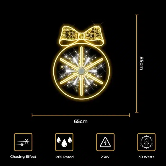 Chasing effect Christmas bauble with bow 2D decoration size and features