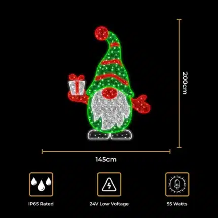 Green Santa gnome with gift 2D Christmas decoration size and features