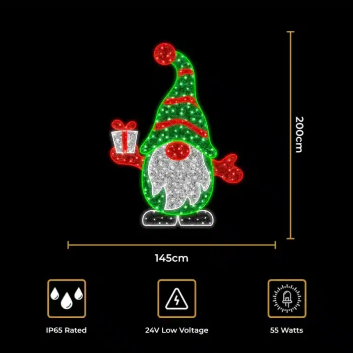 Green Santa gnome with gift 2D Christmas decoration size and features