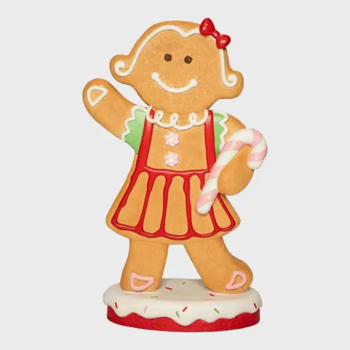 Large battery operated LED fibreglass gingerbread girl with candy cane Christmas decoration