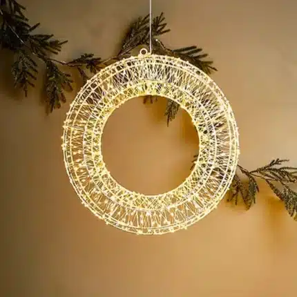 Pre-lit gold frame Christmas wreath 60cm diameter with 3000 warm white LEDs outdoor display
