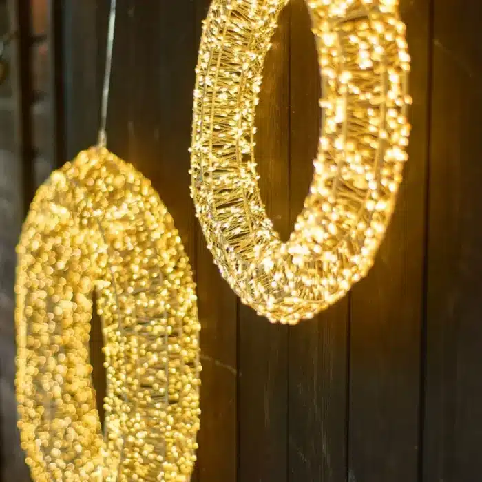 Pre-lit gold frame Christmas wreath 60cm diameter with 3000 warm white LEDs outside view
