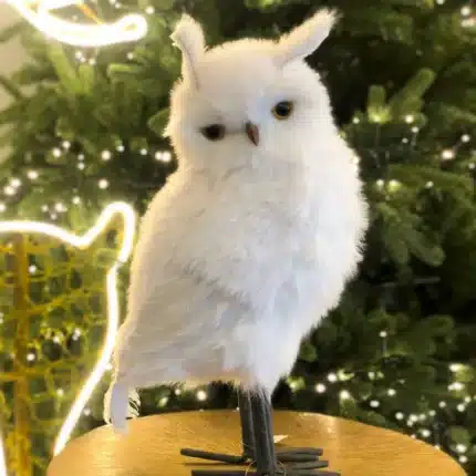 Winter furry owl with pointed ears Christmas decoration indoor display