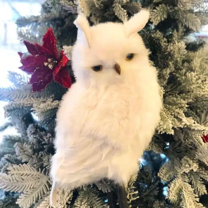 Winter furry owl with pointed ears Christmas decoration tree display