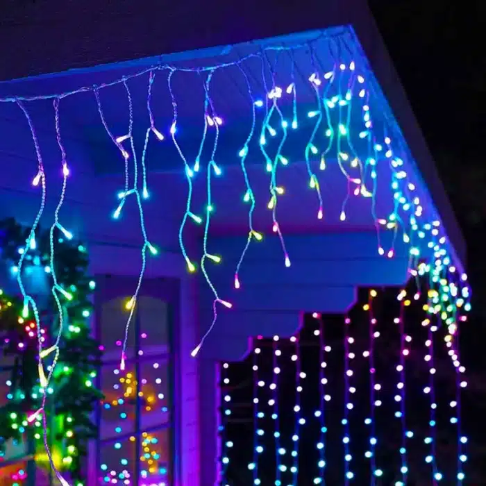 Twinkly Plus RGB and warm white 250 pixel LED icicle lights house installation outside display