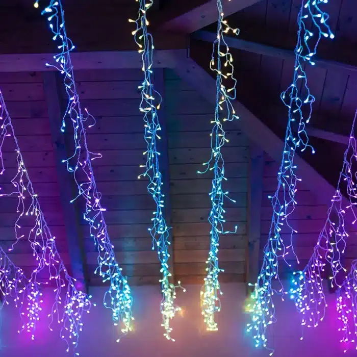 Twinkly Plus RGB and warm white 250 pixel LED icicle lights indoor display