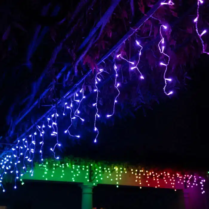 Twinkly Plus RGB and warm white 250 pixel LED icicle lights outdoor display