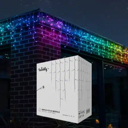 Twinkly Plus RGB and warm white 250 pixel LED icicle lights roof install display