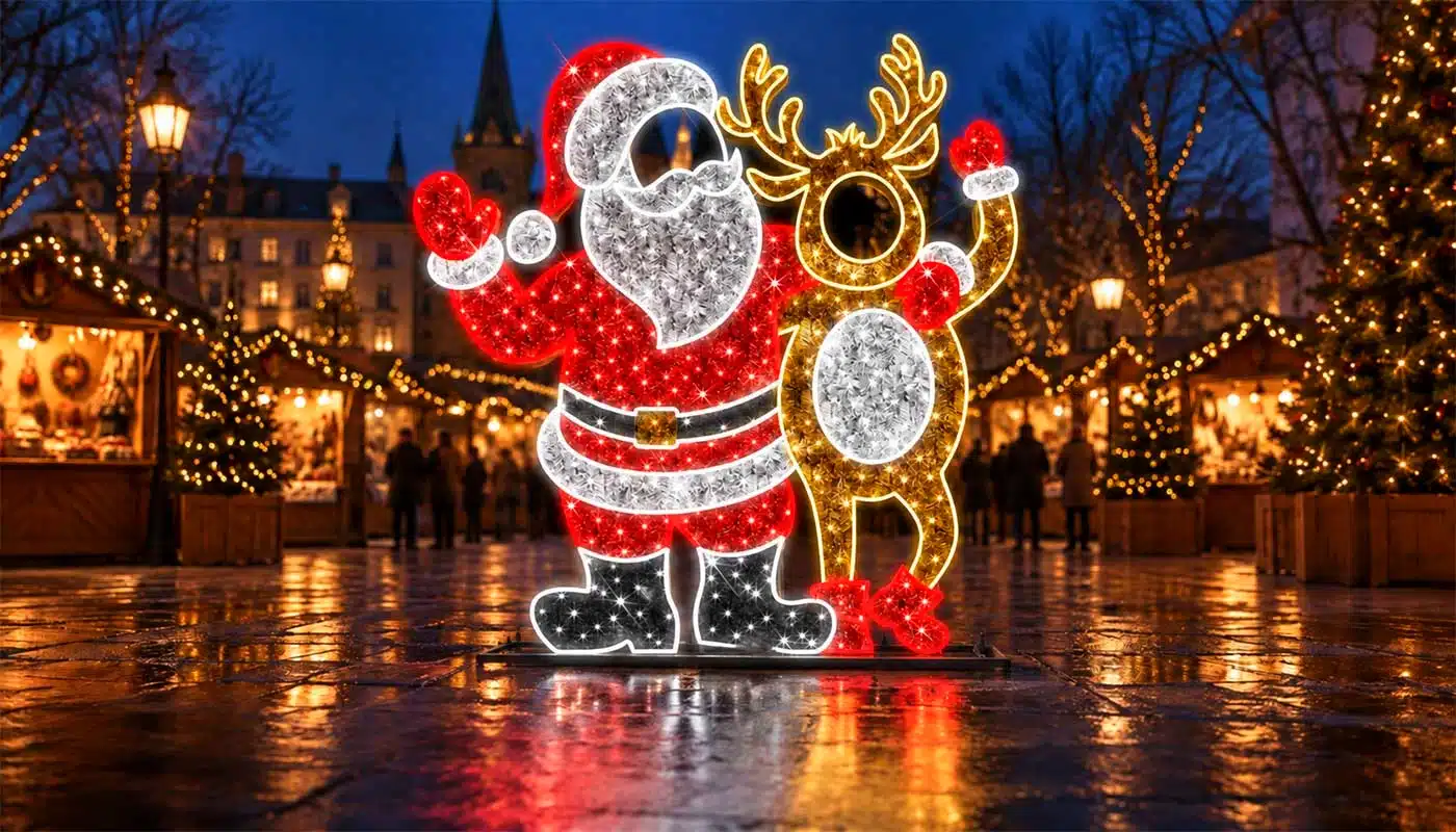 Illuminated flat 2D Christmas decorations displayed outdoors